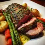 Herb-crusted leg of lamb with spring veg