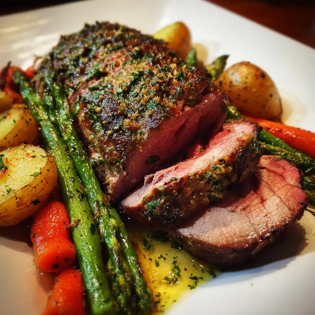 Herb-crusted leg of lamb with spring veg
