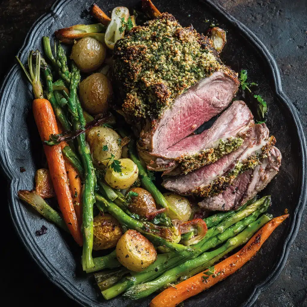 Herb-crusted leg of lamb with spring veg