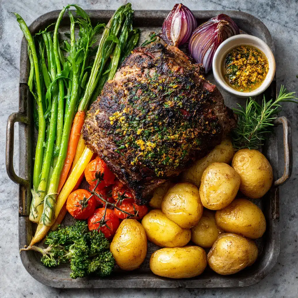 Herb-crusted leg of lamb with spring veg