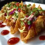 Crispy Chicken Wonton Tacos with Asian Taco Slaw and Sweet Chilli Sauce