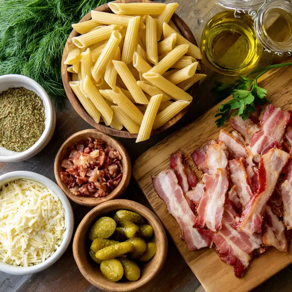 Dill pickle bacon pasta salad
